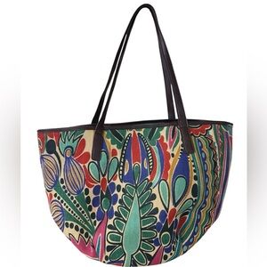 Womens Neiman Marcus Multicolor Print Design Raffia Faux LeatherTote Bag